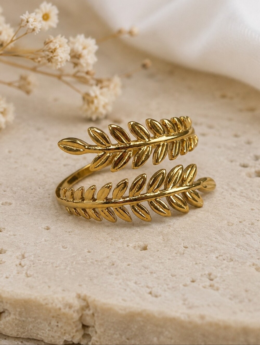 18KGP Olive Leaf Wrap Ring Adjustable Stainless Steel Gold Statement Ring
